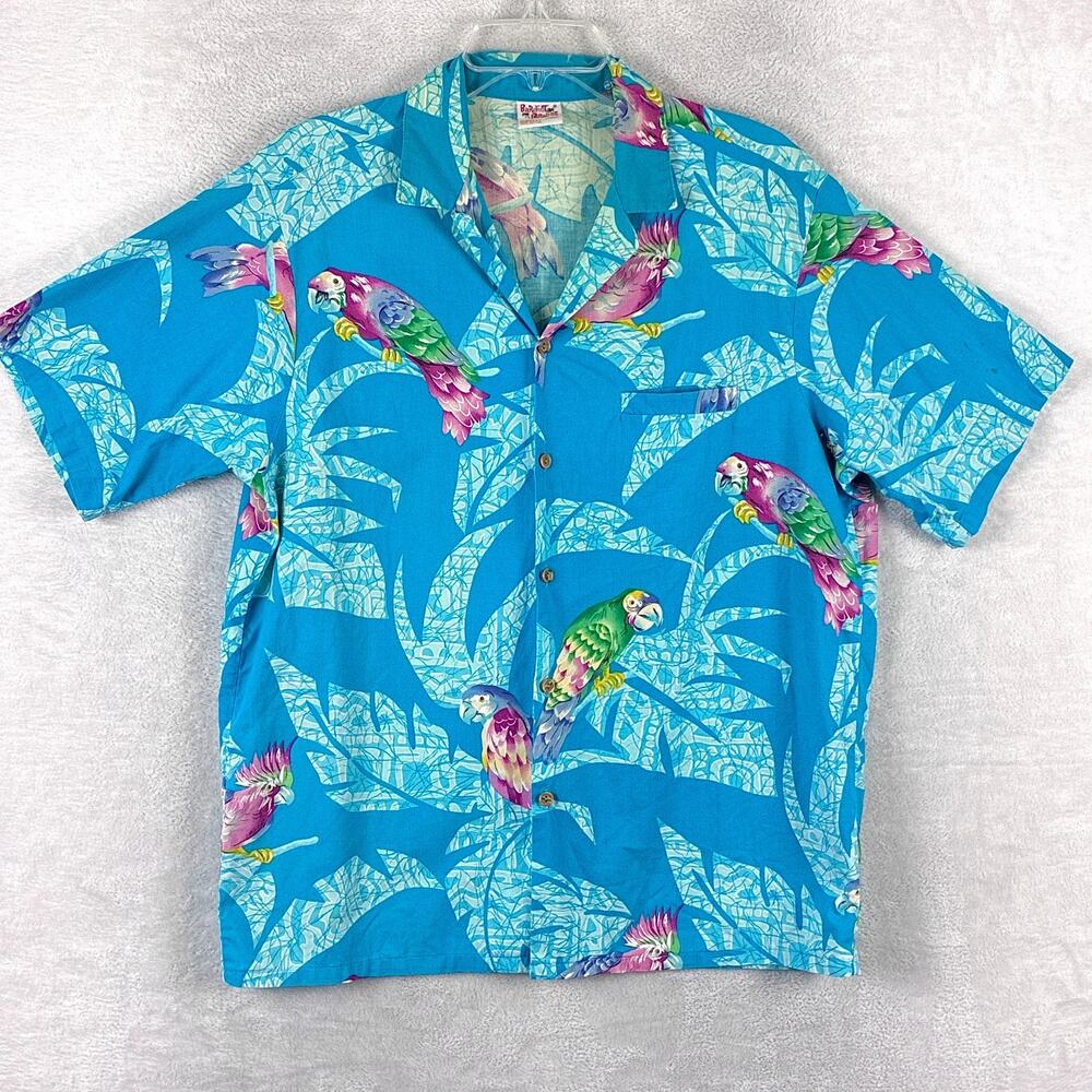 VTG Barefoot in Paradise Hawaiian Shirt Men L Blue Parrot AOP Beach Aloha USA
